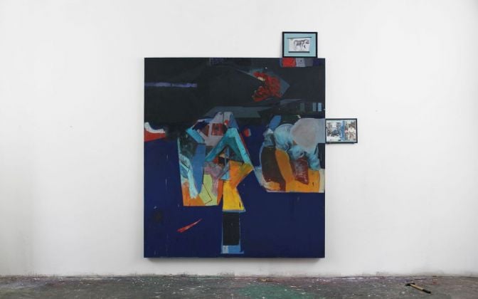 Marco Bongiorni, Blu Tile, 2016, olio su tela, grafite, stampa ink jet, vetro, nastro telato. Photo credit © Romer