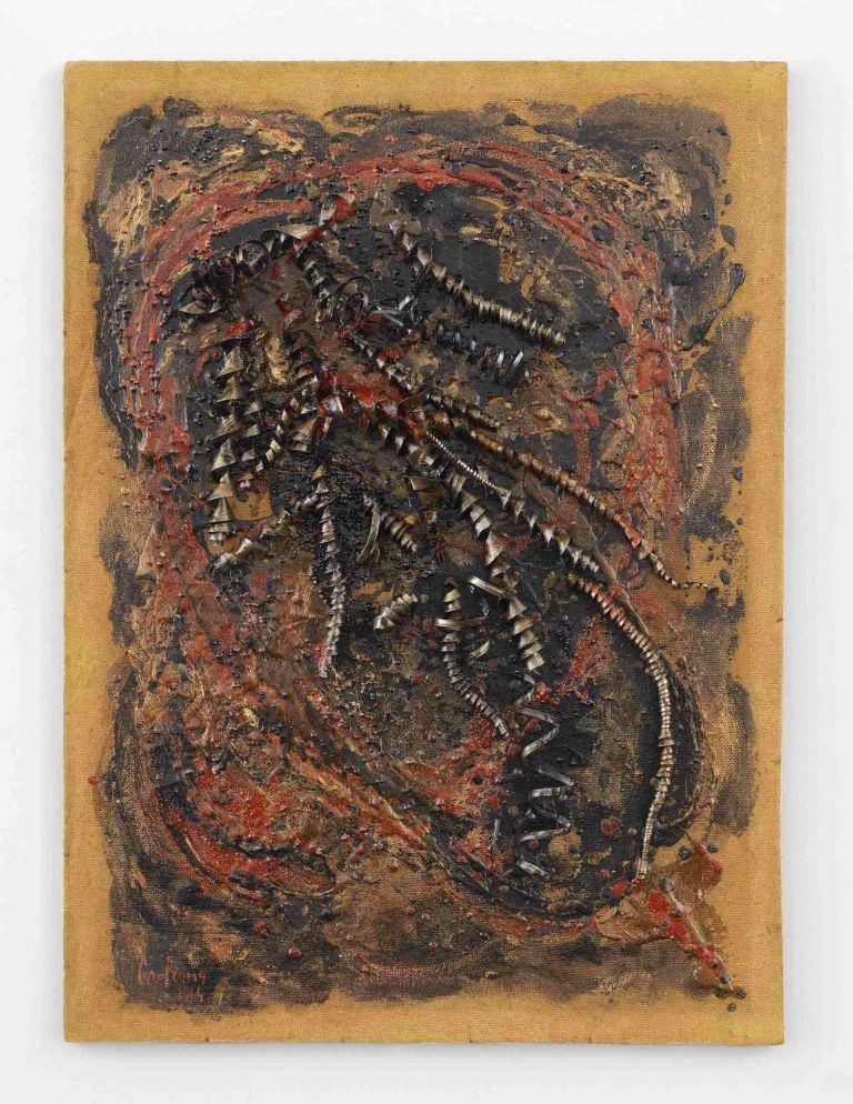 Carol Rama,Bricolage 1964 Oil, lacquer, beads, and metal shavings on Masonite 27 x 20 inches (69 x 51 cm) © Archivio Carol Rama, Torino Photo: Elisabeth Bernstein Courtesy Lévy Gorvy