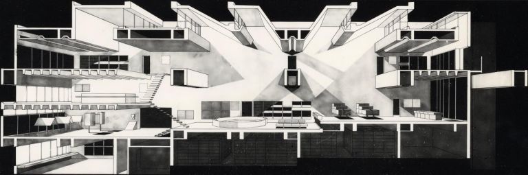 Section perspective, Ōita Prefectural Library, photo courtesy of Arata Isozaki and Associates