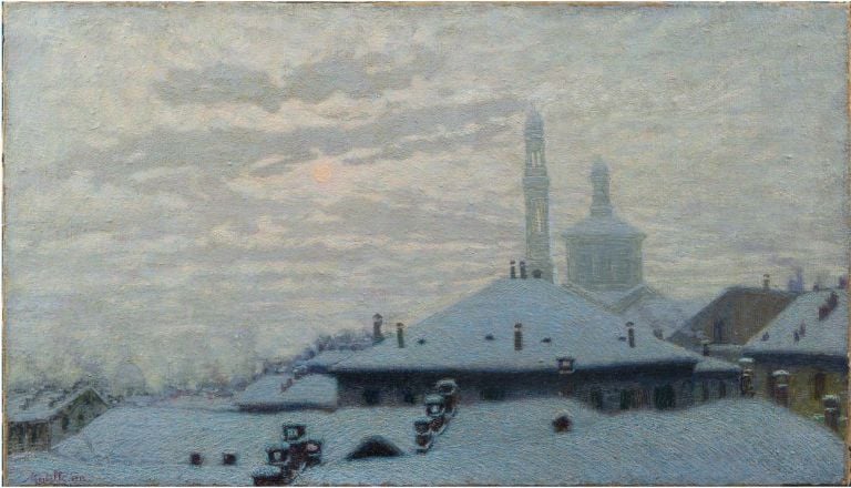 Angelo Morbelli, Tetti sotto la neve, 1910, courtesy Enrico Gallerie d’Arte