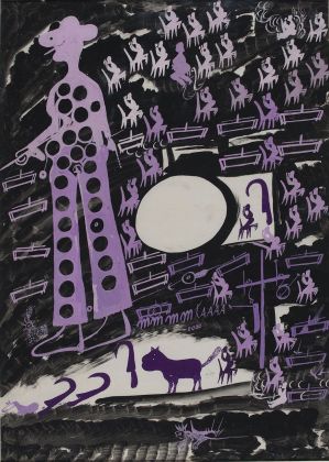 Carlo Zinelli, Cerchio bianco e uomo viola a cerchi con pistola (lato A), 1965. Collezione Fondazione Cariverona. Photo Stefano Saccomani