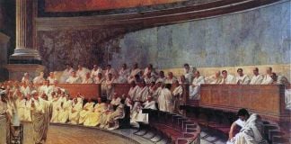Cesare Maccari, Cicerone denuncia Catilina, 1880. Palazzo Madama, Senato della Repubblica Italiana, Roma