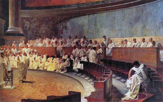 Cesare Maccari, Cicerone denuncia Catilina, 1880. Palazzo Madama, Senato della Repubblica Italiana, Roma Cesare Maccari, Cicerone denuncia Catilina, 1880. Palazzo Madama, Senato della Repubblica Italiana, Roma