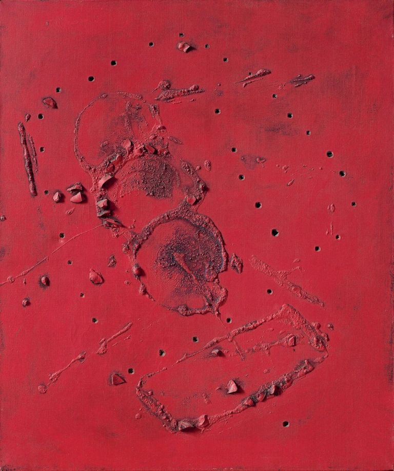 Concetto spaziale.. 1956. Oil, mixed media and glass on canvas, 60.5 x 50 cm. Courtesy Mazzoleni