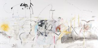 Elisa Montessori, Lungotevere #1, 2018, tecnica mista su tela, pastello, grafite, acrilico, olio, collage, spilli, 200 x 300 cm. Courtesy l'artista & Monitor, Roma Lisbona