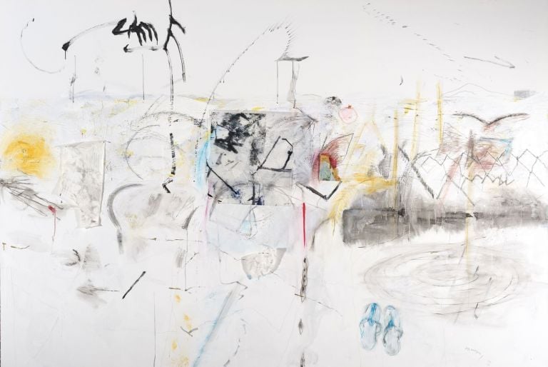 Elisa Montessori, Lungotevere #1, 2018, tecnica mista su tela, pastello, grafite, acrilico, olio, collage, spilli, 200 x 300 cm. Courtesy l'artista & Monitor, Roma Lisbona