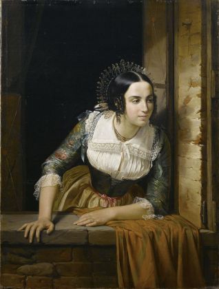 Eliseo Sala, Lucia Mondella che guarda dalla finestra se ritorna il suo fidanzato nel giorno stabilito per le nozze, 1843. Collezione privata