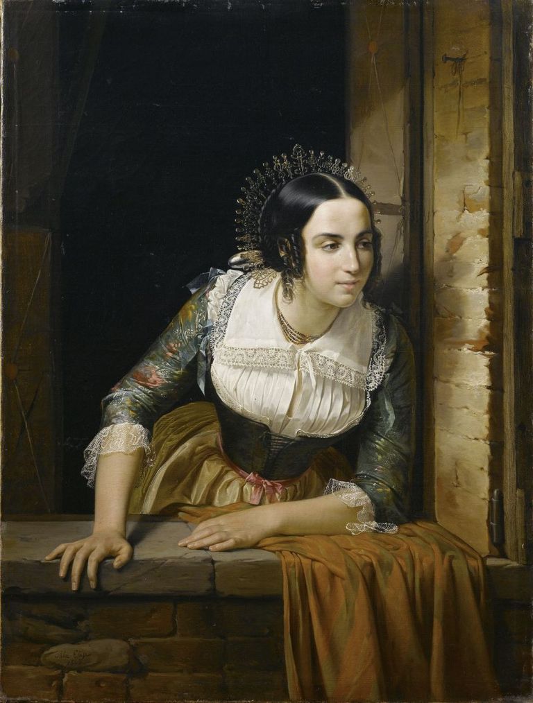 Eliseo Sala, Lucia Mondella che guarda dalla finestra se ritorna il suo fidanzato nel giorno stabilito per le nozze, 1843. Collezione privata