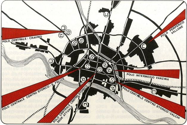 Giancarlo De Carlo, Piano per l’Università di Pavia. Diagramma generale (da L’Architecture d’Aujourd’Hui, 183, 1976)
