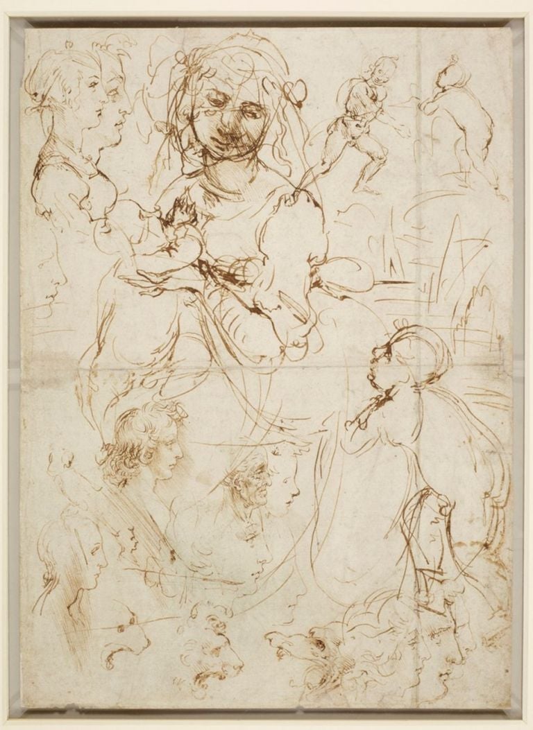 Leonardo da Vinci, Teste e figure a mezzo busto, viste di profilo, 1478. Windsor Castle, Royal Library, concesso in prestito da Sua Maestà la regina Elisabetta II