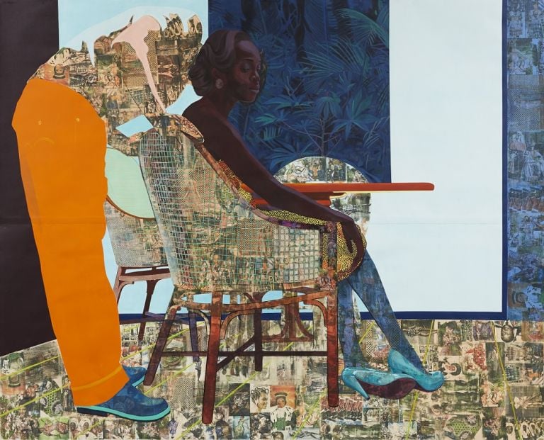 Njideka Akunyili Crosby, And We Begin To Let Go, 2013. Acrylic, charcoal, pastel, marble dust, collage and transfers on paper, 213.4 x 266.7 cm © Njideka Akunyili Crosby. Courtesy the artist, Victoria Miro, and David Zwirner. Photo credit: Jason Wyche