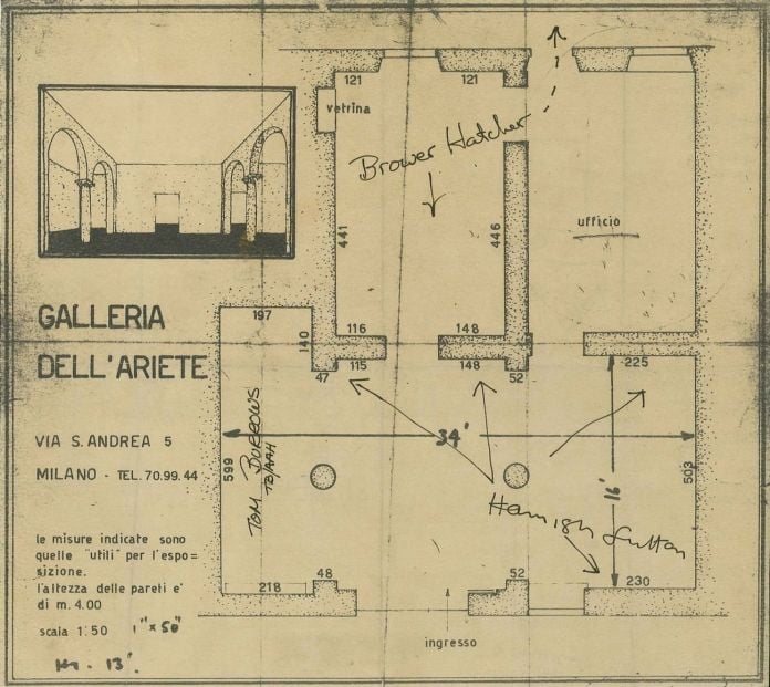 Pianta della Galleria dell’Ariete per l’allestimento della mostra Tim Burrows. Hamish Fulton, Brower Hatcher, 1969. Archivio Beatrice Monti della Corte Pianta della Galleria dell’Ariete per l’allestimento della mostra Tim Burrows. Hamish Fulton, Brower Hatcher, 1969. Archivio Beatrice Monti della Corte