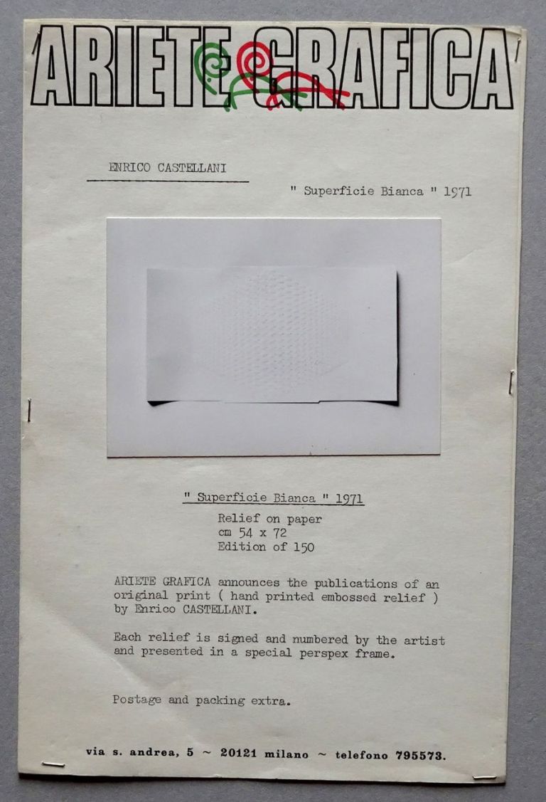 Scheda di vendita dell’edizione di Enrico Castellani, Superficie bianca, 1971, Ariete Grafica. Archivio Beatrice Monti della Corte