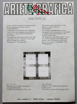 Scheda di vendita dell’edizione di Giulio Paolini, Anagramma, 1977, Ariete Grafica. Archivio Beatrice Monti della Corte