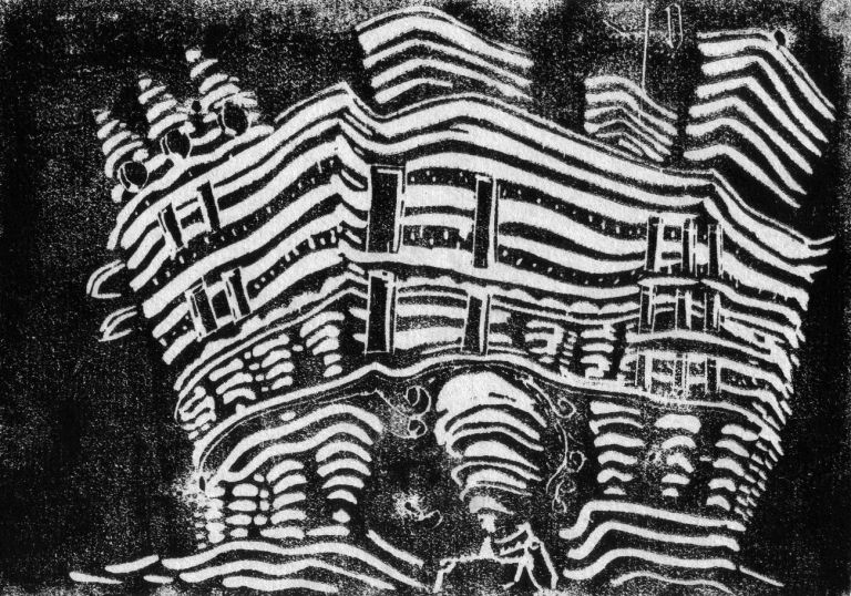 Una caricatura di Aimaro Isola del Palazzo dell’Obelisco di Torino. Archivio Jaretti. Courtesy Gangemi Editore