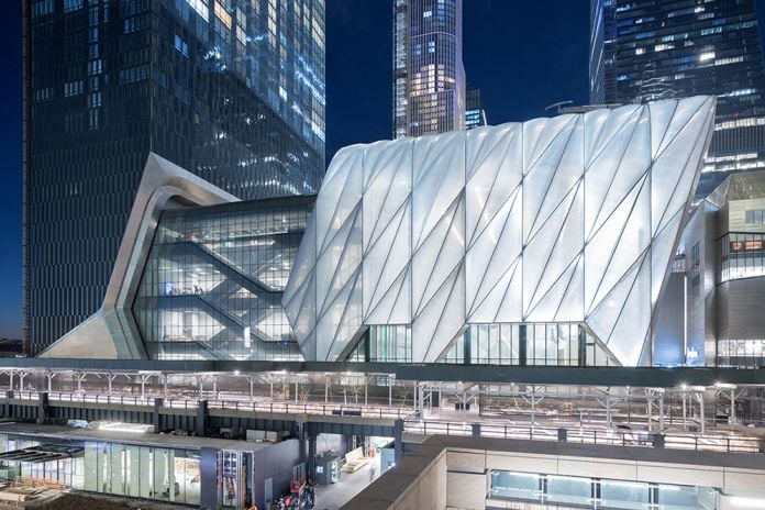 Evening View of The Shed from 30th Street. Photography by Iwan Baan. Courtesy of The Shed. Project Design Credit: Diller Scofidio + Renfro, Lead Architect and Rockwell Group, Collaborating Architect