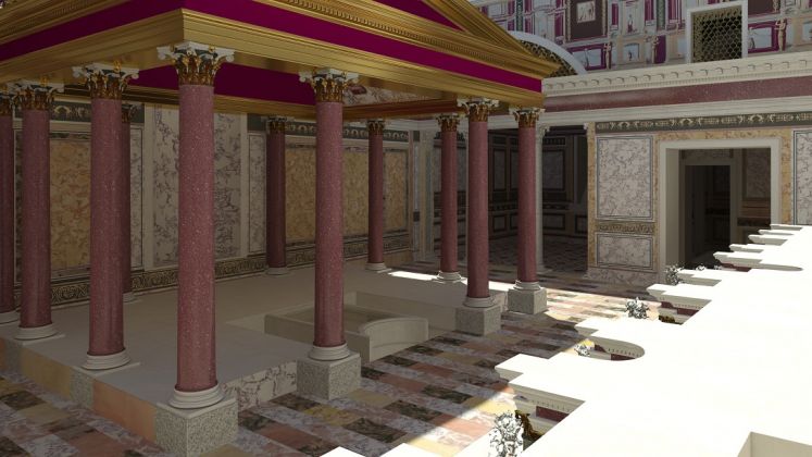 Il padiglione centrale visto dalla fontana-ninfeo. Ricostruzione virtuale. Credits: Parco archeologico del Colosseo, foto Progetto Katatexilux