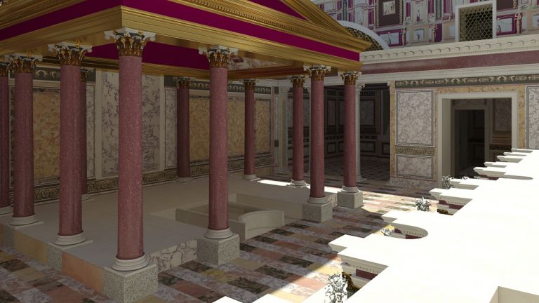 Il padiglione centrale visto dalla fontana-ninfeo. Ricostruzione virtuale. Credits: Parco archeologico del Colosseo, foto Progetto Katatexilux