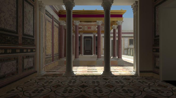Il padiglione centrale visto da una della alcova (ambiente A4). Ricostruzione virtuale. Credits: Parco archeologico del Colosseo, foto Progetto Katatexilux