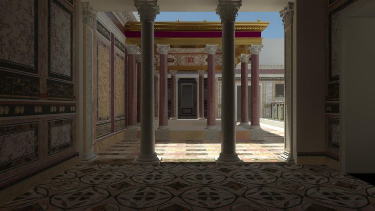 Il padiglione centrale visto da una della alcova (ambiente A4). Ricostruzione virtuale. Credits: Parco archeologico del Colosseo, foto Progetto Katatexilux