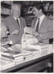 Agenzia Dufoto, Alberto Moravia, Giuseppe Ungaretti e Pier Paolo Pasolini,presentazione del volume di poesie di Pasolini, La religione del mio tempo, in una libreria di Roma, luglio 1961