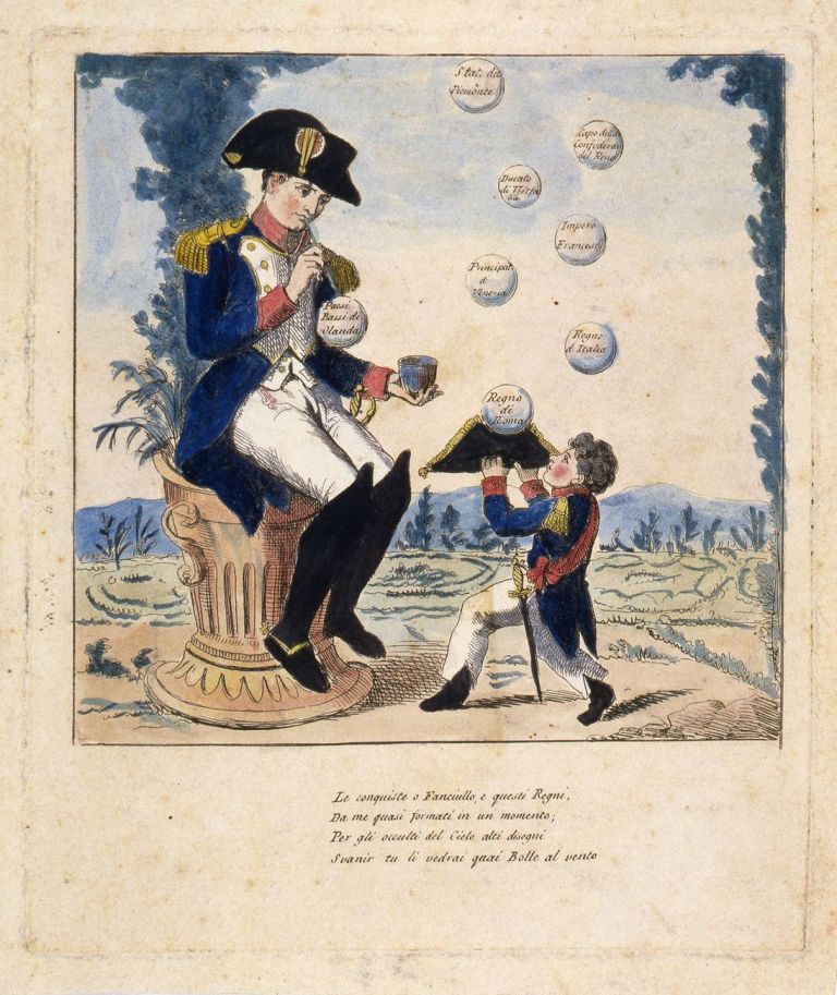 Anonimo, stampa satirica raffigurante Napoleone che gioca con le bolle di sapone, 1810-14. Museo Napoleonico, Roma