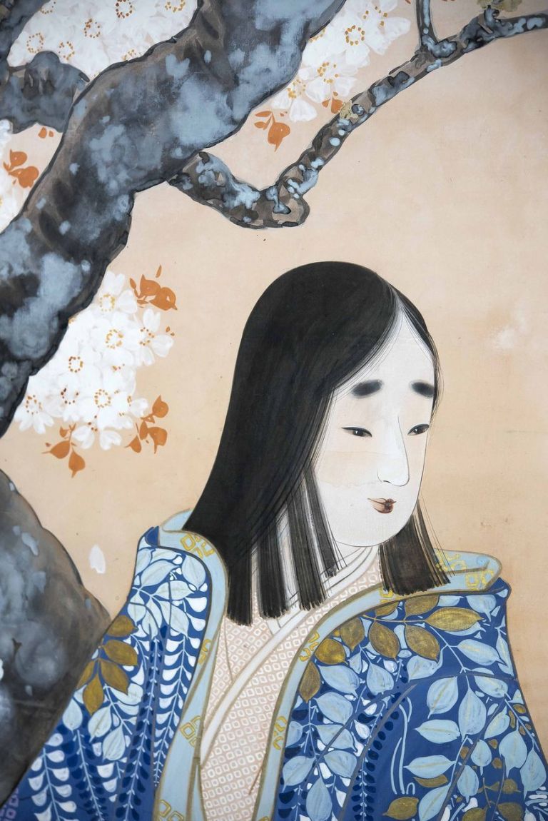 Beltà femminili, dettaglio, paravento a 6 ante dipinto a inchiostro e colori su carta, 173x372 cm, periodo Taisho (1912 1926)