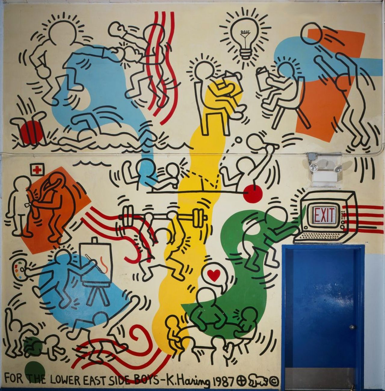 Il murales realizzato da Keith Haring per il Boy’s Club of New York e ora esposto nel giardino di Pioneer Works, New York 2019