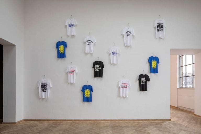 Jeremy Deller, Fuck Brexit T shirts, 2017. Installation view, Europa Endlos, Kunsthal Charlottenborg, 2019. Courtesy Jeremy Deller. Photo Anders Sune Berg
