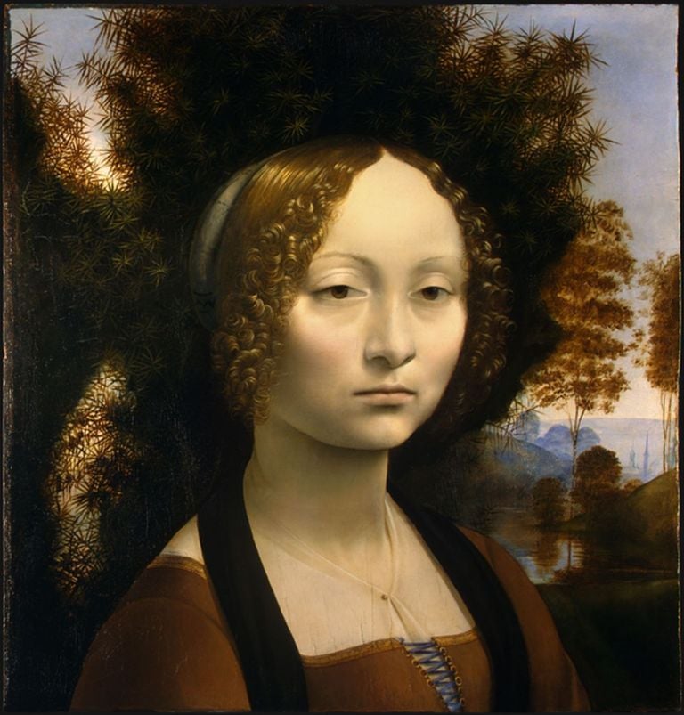 Leonardo da Vinci, Ginevra Benci. National Gallery of Art, Washington. Gli stretti legami del dipinto con l’arte fiamminga di Van Eyck escludono che il vero maestro di pittura di Leonardo sia stato Verrocchio