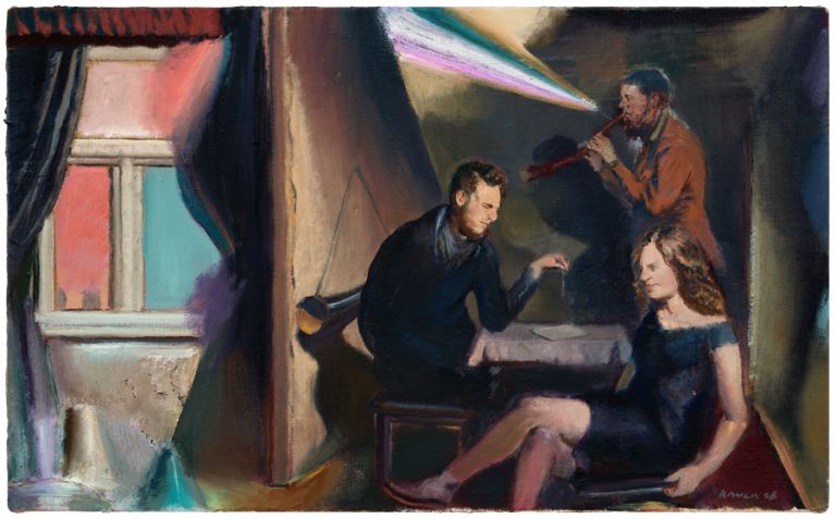 Neo Rauch,Turmstube, 2018, olio su lino / oil on linen, cm 40x65 Photo: Uwe Walter, Berlin © Neo Rauch, VG Bild-Kunst, Bonn Courtesy Galerie EIGEN+ART, Leipzig / Berlin David Zwirner, New York / London / Hong Kong