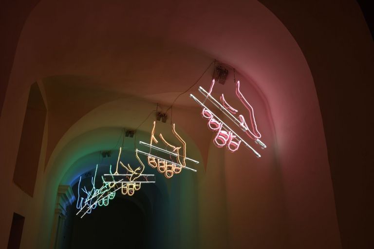 Patrick Tuttofuoco, The Relay, 2019. Installation view at Complesso monumentale di Santa Lucia, Serra San Quirico. Photo Michele Alberto Sereni