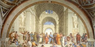 Raffaello Sanzio, Scuola di Atene, 1509-11 ca., affresco. Musei Vaticani, Città del Vaticano. Photo via Wikipedia