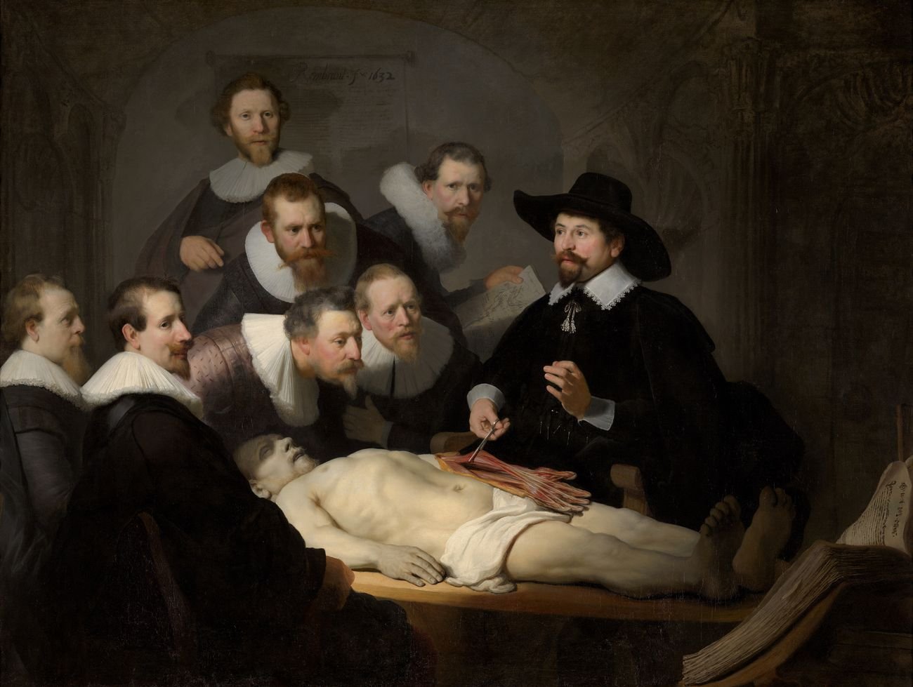 Rembrandt, Lezione di anatomia del dottor Tulp, 1632, olio su tela, 169,5×216,5 cm. Mauritshuis, L'Aia