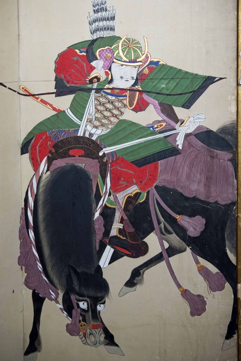 Samurai a cavallo, dettaglio, paravento a 4 ante dipinto a inchiostro e colori su carta, 174x240 cm, firmato Edokoro Azukari Tosa Mitsu shin, periodo Mieji (1868 1912)