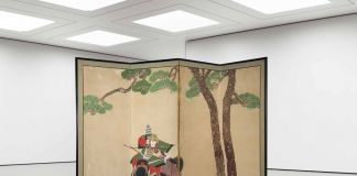 Samurai a cavallo, paravento a 4 ante dipinto a inchiostro e colori su carta, 174x240 cm, firmato Edokoro Azukari - Tosa Mitsu shin, periodo Mieji (1868-1912)