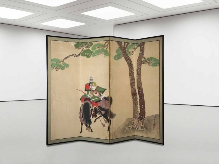 Samurai a cavallo, paravento a 4 ante dipinto a inchiostro e colori su carta, 174x240 cm, firmato Edokoro Azukari - Tosa Mitsu shin, periodo Mieji (1868-1912)