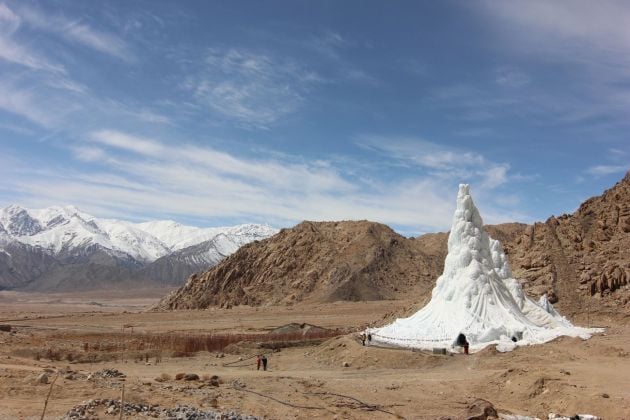 Students' Educational and Cultural Movement of Ladakh, SECMOL (Sonam Wangchuk), Ice Stupa, 2013-14. Photo © Lobzang Dadul. Courtesy SECMOL