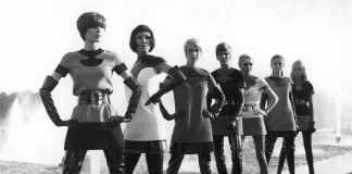 Two-tone jersey dresses, with vinyl waders, 1969. Photo by Yoshi Takata. © Pierre Pelegry