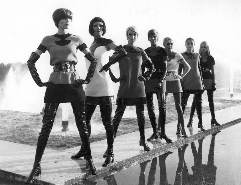 Two-tone jersey dresses, with vinyl waders, 1969. Photo by Yoshi Takata. © Pierre Pelegry