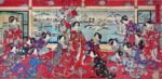 Yoshu Chinkanobu, Passatempi di beltà femminili in un giorno nevoso, trittico di xilografie policrome in formato oban, 35,5x70,5 cm, firmata Il pennello di Yoshu Chikanobu, 1838-1912