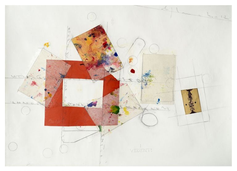 Alighiero Boetti Eterno dilemma tra contenuti e contenitori (I vedenti), 1989 Matita grafite, collage, carta velina, colla, pennarelli, carta da spolvero, tratto pen, cartoncino rosso, tempera, evidenziatore, acquerello, timbro a secco e scritta traforata su carta 49,6 x 69,6 cm Courtesy Collezione Ramo, Milano