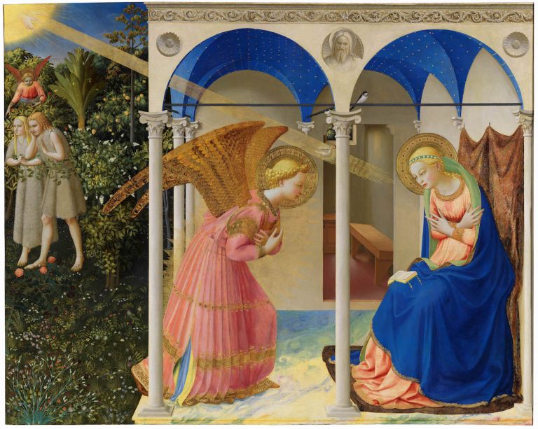 La Anunciación y la expulsión de Adán y Eva del jardín del Edén (después de la restauración) FRA ANGELICO Temple y oro sobre tabla, 190,3 x 191,5 cm; 162,3 x 191,5 cm c. 1425-26 Madrid, Museo Nacional del Prado