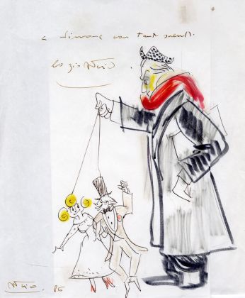 Federico Fellini, Autoritratto con Ginger (Giulietta Masina) e Fred (Marcello Mastroianni), personaggi di Ginger e Fred, 1985. Collezione Daniela Barbiani