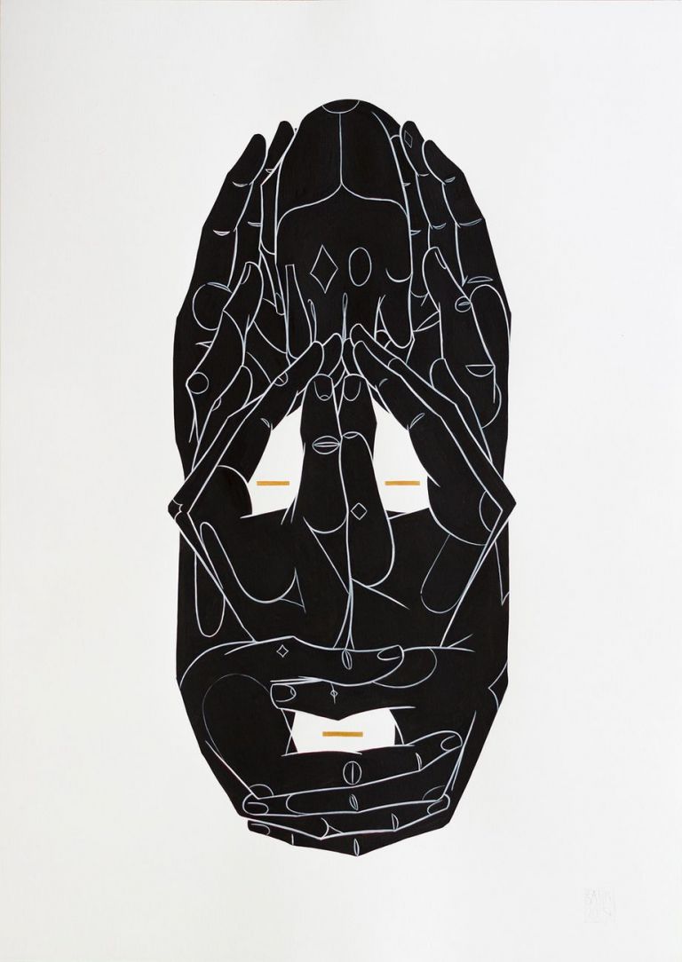 Lucio Basik Bolognesi, Maschera N. 2, 2014, acrilico e foglia d’oro su carta
