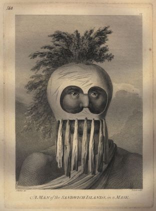 Thomas Cook after John Webber, A Man of the Sandwich Islands, in a Mask. The image appears on the vintage Hawaiian shirt, 1784 © The Trustees of the British Museum