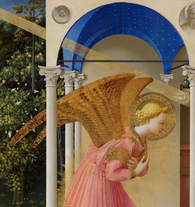 La Anunciación y la expulsión de Adán y Eva del jardín del Edén (después de la restauración) FRA ANGELICO Temple y oro sobre tabla, 190,3 x 191,5 cm; 162,3 x 191,5 cm c. 1425-26 Madrid, Museo Nacional del Prado -Detalle ángel y bóveda, después de la restauración