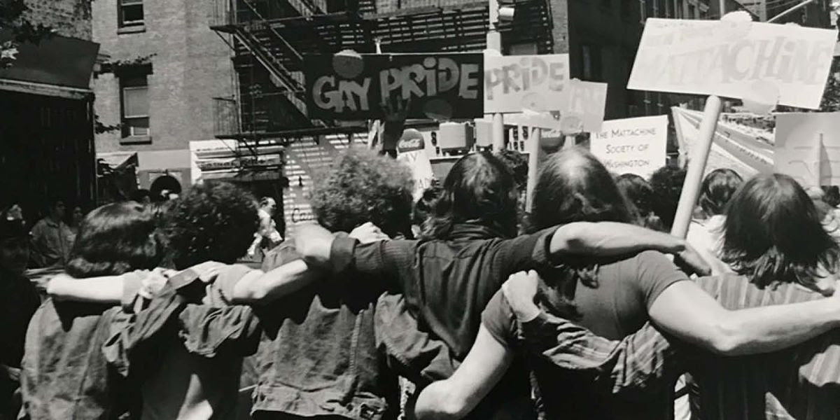 Fred W. McDarrah, Mattachine Society Marching on Gay Liberation Celebration, June 28, 1970. © Estate of Fred W. McDarrah, courtesy Museum of the City of New York