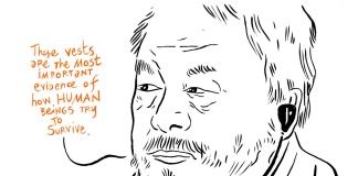 Ai Weiwei contro la Skandinavisk Motor Co. A/S. Ai Weiwei survive. Disegno di Gianluca Costantini
