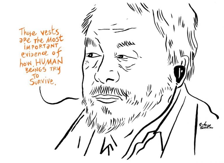 Ai Weiwei contro la Skandinavisk Motor Co. A/S. Ai Weiwei survive. Disegno di Gianluca Costantini